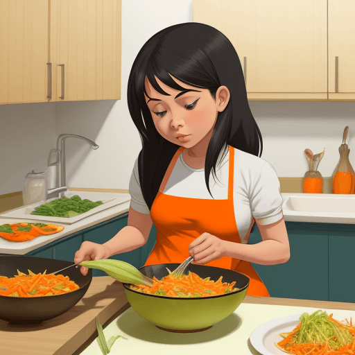 AI generated: girl making papaya salad,cartoon