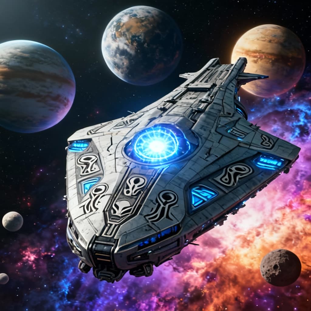 AI generated: Imagine, in detail, an alien spaceship to show a new design. An alien Mega Supercarrier. Show it in ...