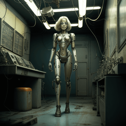 AI generated: Full-body photograph of a (beautiful:1.2) (female:1.2) cyborg, suspended in a worn-out, (cassette-fu...
