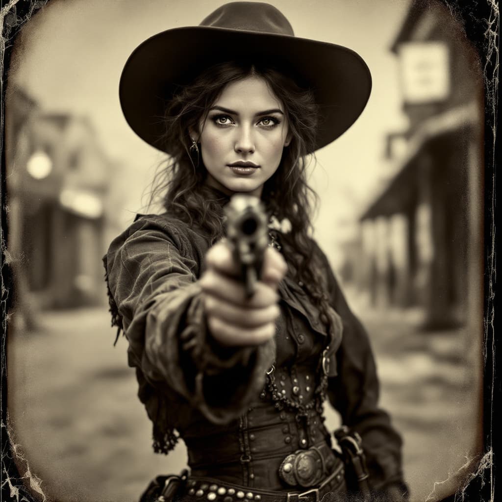 AI generated: western female  gunfighter, cowgirl , saloon background, 1880's, hands render, tintype --ar 9:16 --v...