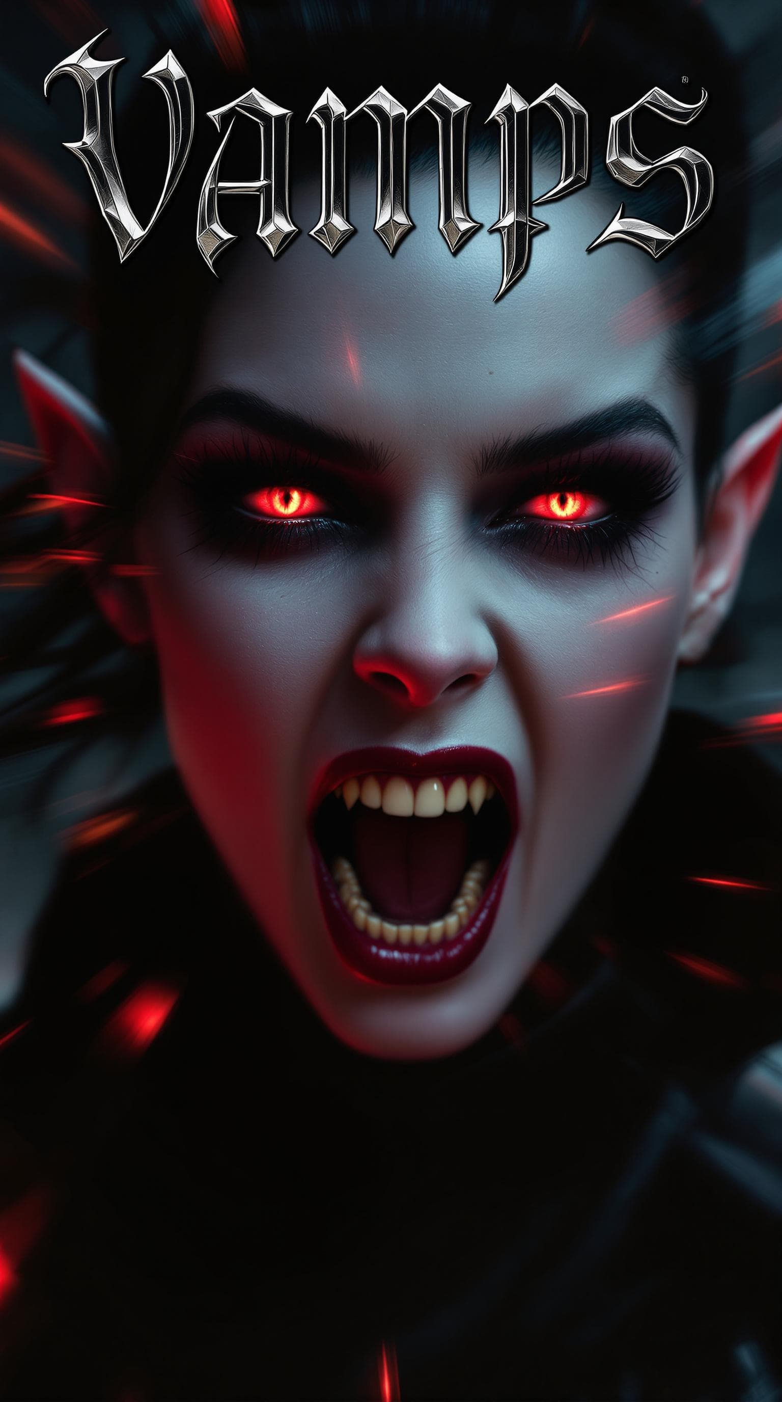 AI generated:  VAMPS horror magazine cover: A dynamic, complete view close-up of a beautiful bewitching vampire wo...