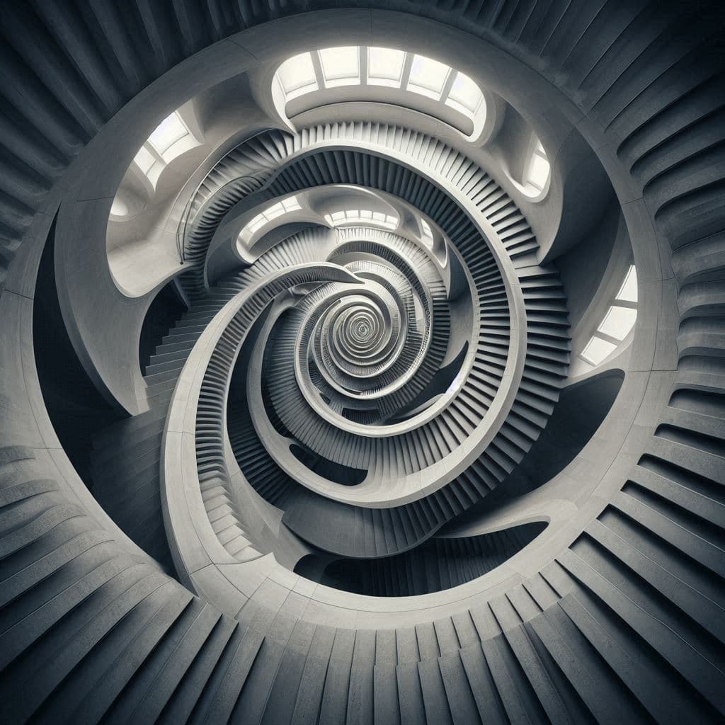 AI generated: An endless staircase in the style of M.C.Escher, 8k, harmonious composition, fluid, organic shapes, ...