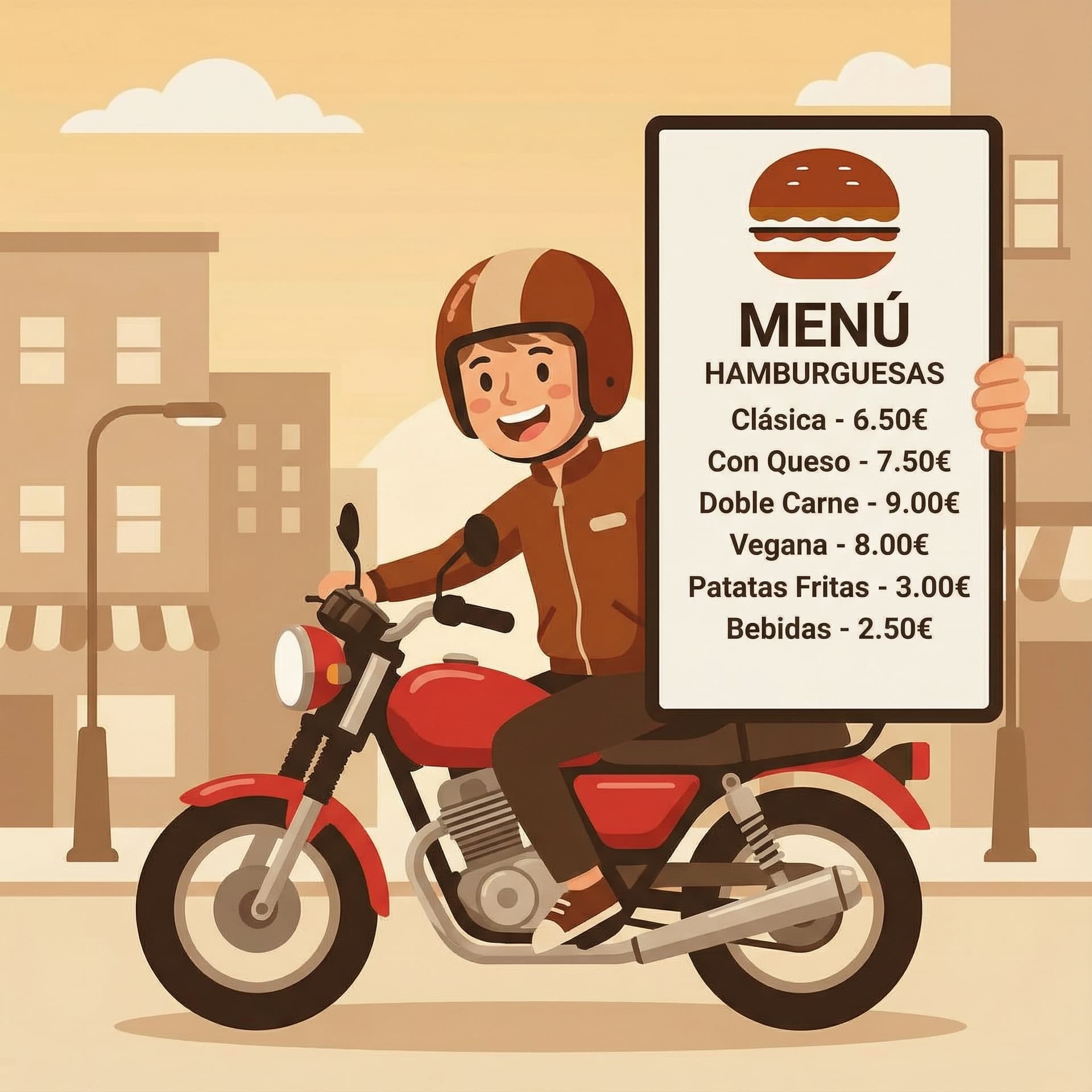 AI generated: Un dibujo animado en una moto presentando un  menu de hamburguesas, el idioma presentado del menu es...