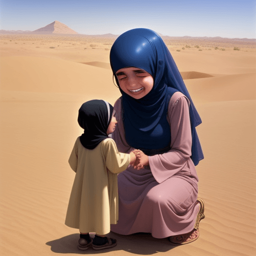 AI generated: a muslim holding hands with a little girl in the desert the little girl is crying the muslim is smil...