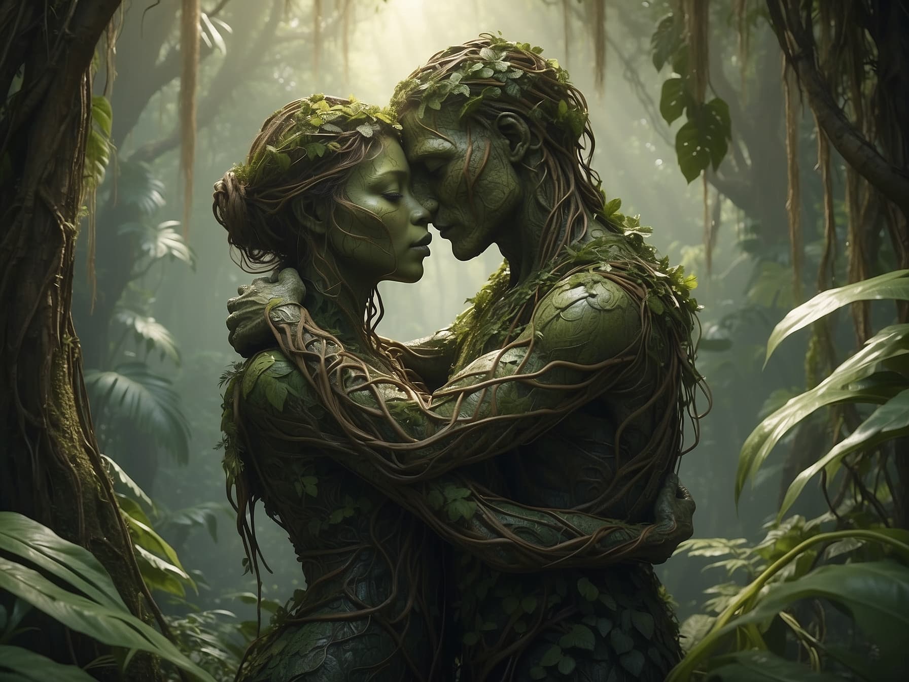 AI generated: two people hugging each other in the jungle, in the style of ethereal figures, made of vines, physic...