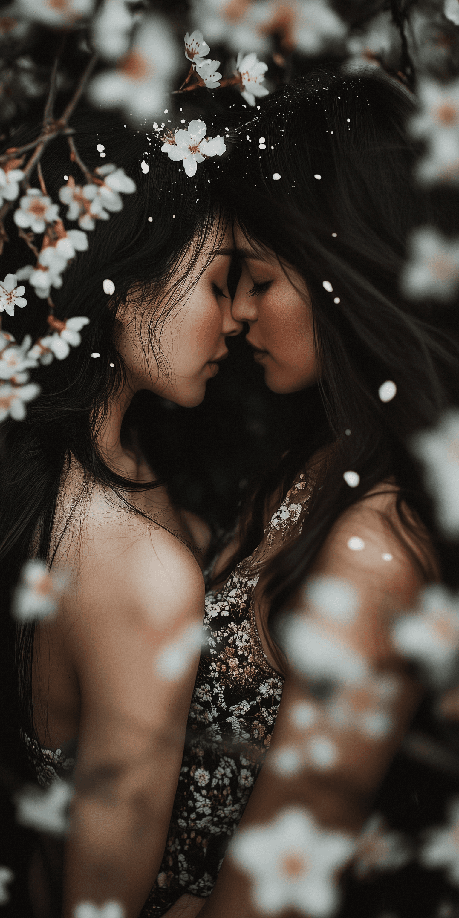 AI generated: A photograph of two women with long hair, kissing each other, surrounded by white flowers and cherry...