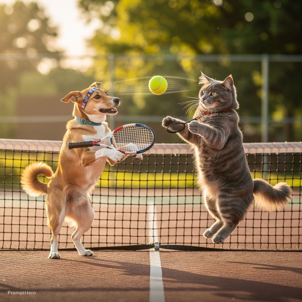 AI generated: 4K HD hyper realistic image of a dog and cat playing tennis