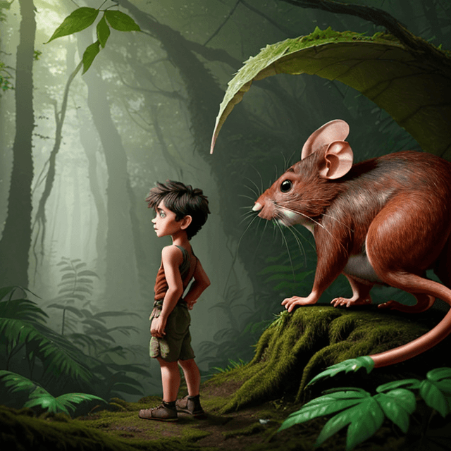 AI generated: side view of a young prehistoric boy seeing the back of a red rat hiding in  a prehistoric forest be...