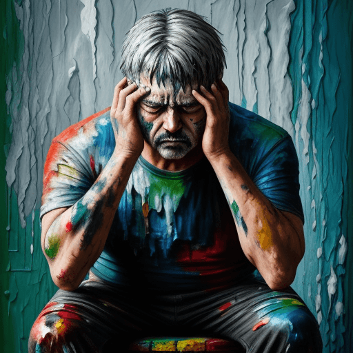 AI generated: sad man sitting on chair, eyes are teary, holding face, pallet knife painted, thick textured, thick ...