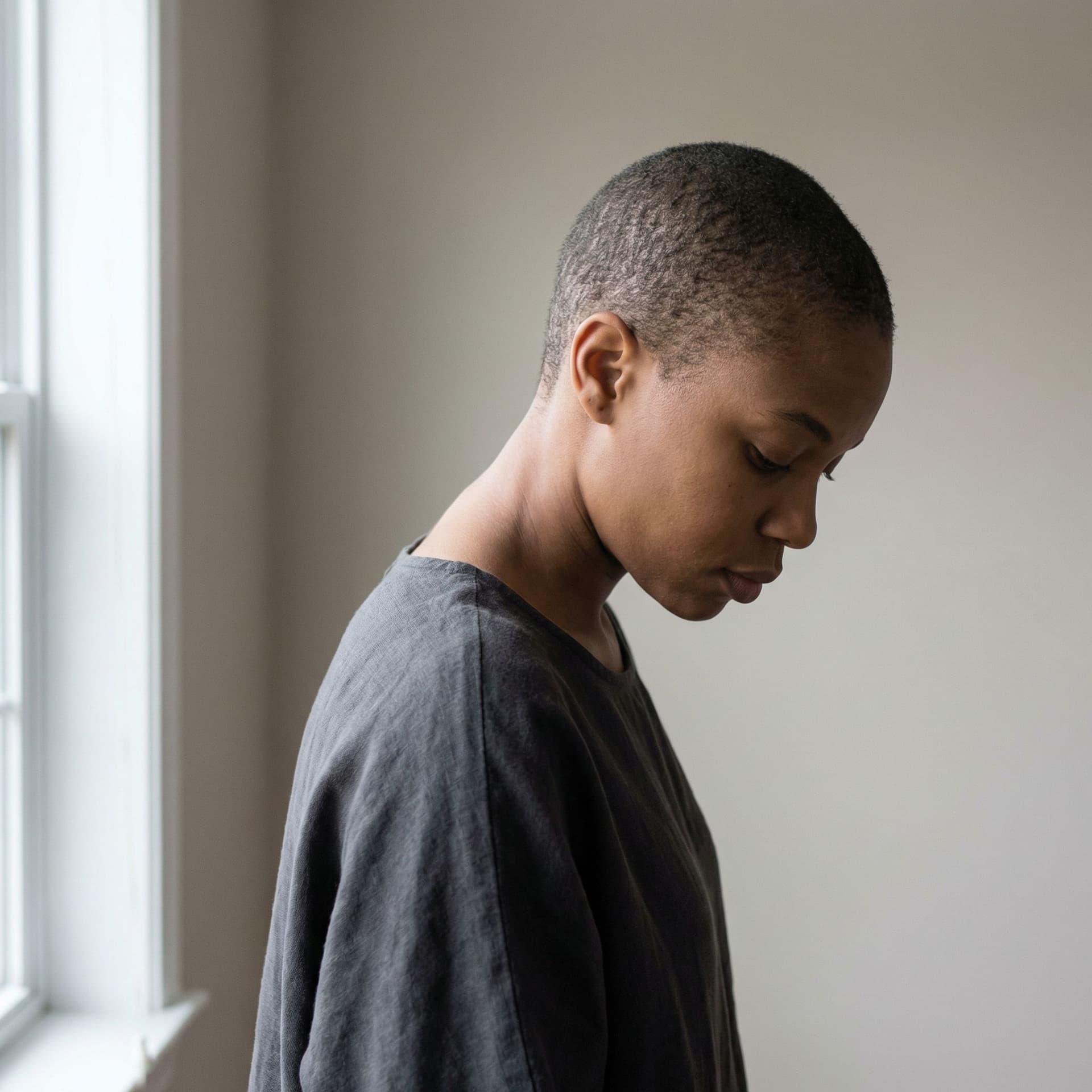 AI generated: same character, same pose, same framing,

subtle natural hair visible,
very short soft hair or close...