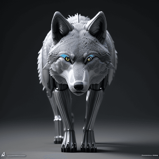 AI generated: realistic wolf nousr robot photography, front view, light blue eyes, highly detailed, silver and bla...