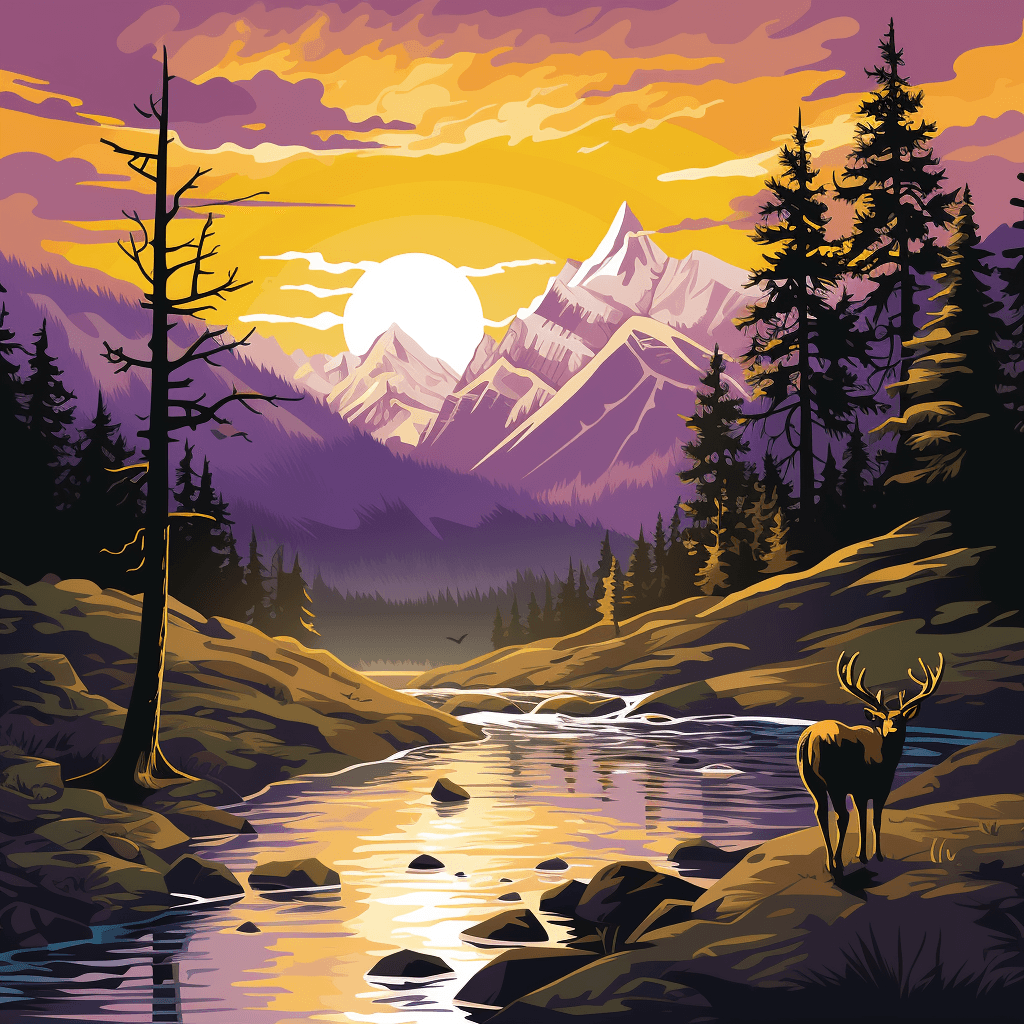 AI generated: A vector, serene mountain landscape, with majestic peaks, a flowing river, and a curious deer. Purpl...