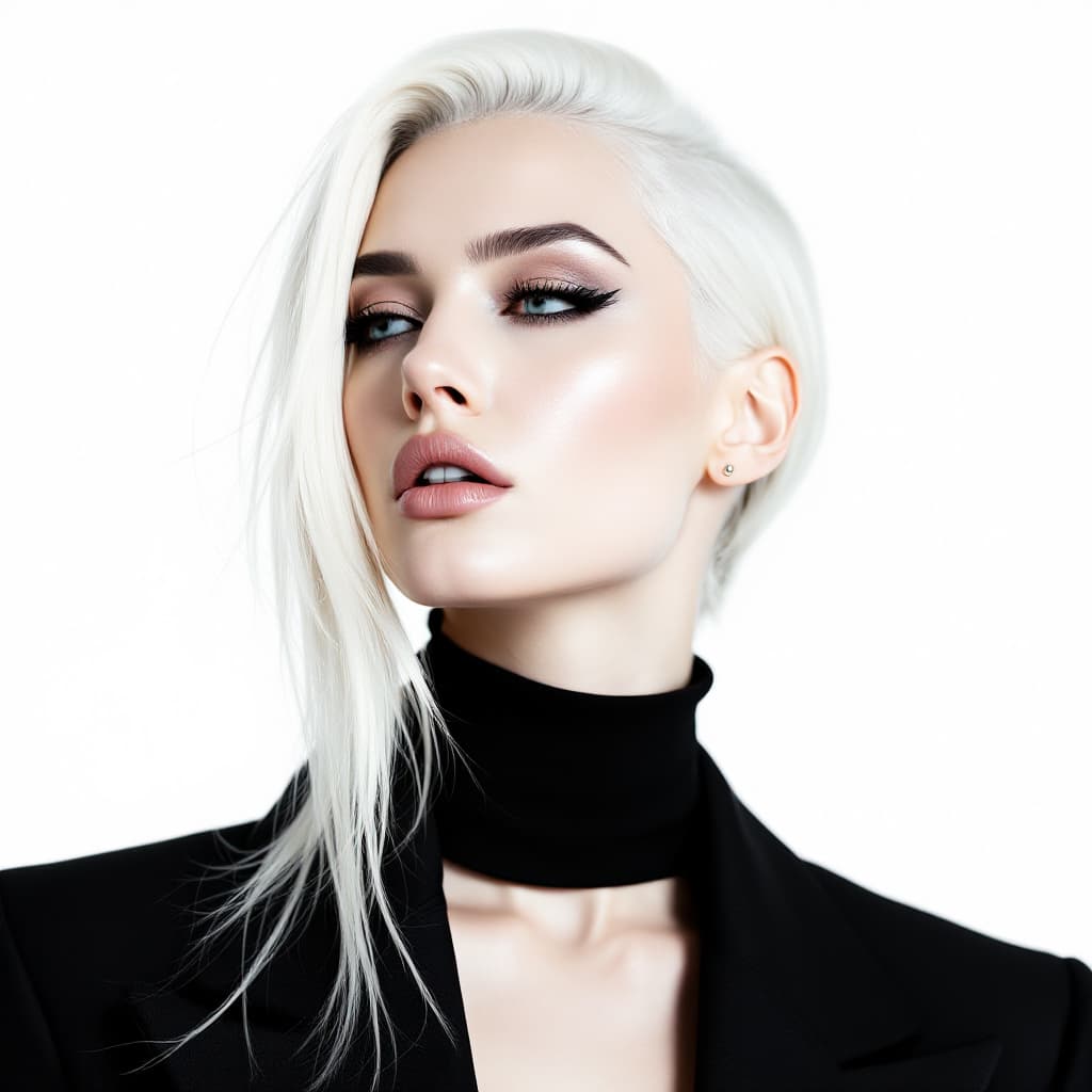 AI generated: A striking editorial portrait of a platinum blonde woman, showcasing sleek and minimalist fashion ph...