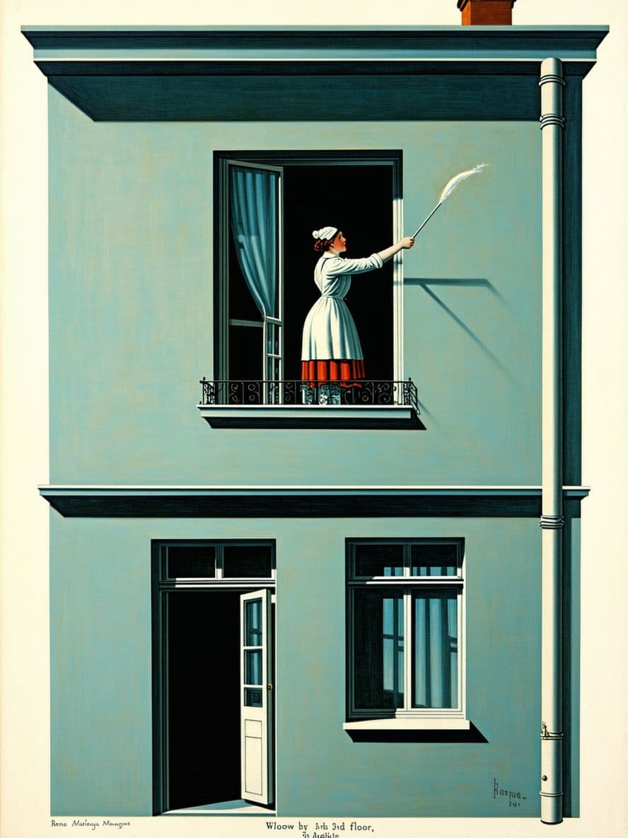 AI generated: A surrealist painting by Rene Magritte in which a housemaid is washing the one window in a small roo...