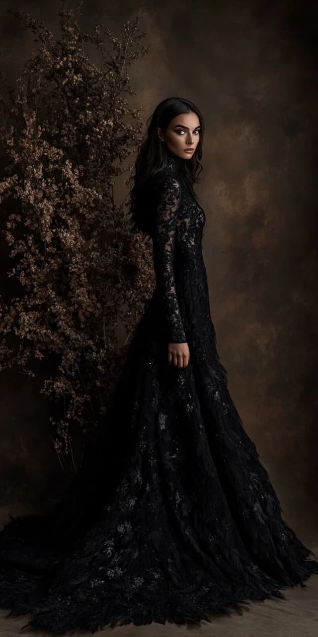 AI generated: a woman attired in a long, black lace wedding dress, her face blurred as she turns to face the camer...