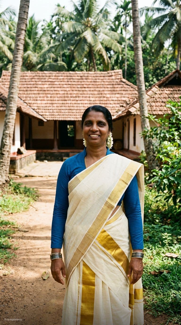 AI generated: Kerala village aunty dressed like 1980 style mundu with long neck blouse 