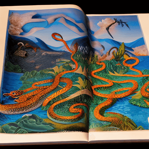 AI generated: pop-up book image of snakes fighting, snake on the left on land with mountains behind and on the rig...
