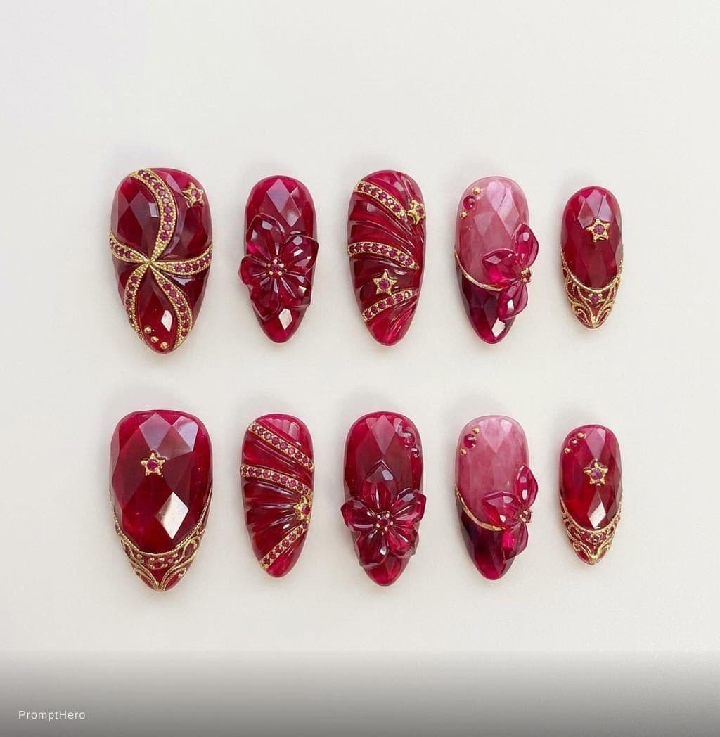 AI generated: A photorealistic luxurious nail art design inspired by radiant ruby gemstones. The nails should have...