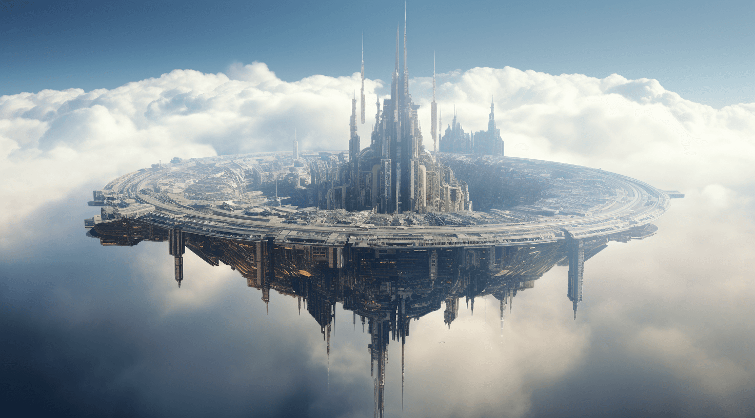 AI generated: the large spaceship is sitting on top of a cloud cover, in the style of grandiose ruins, majestic po...
