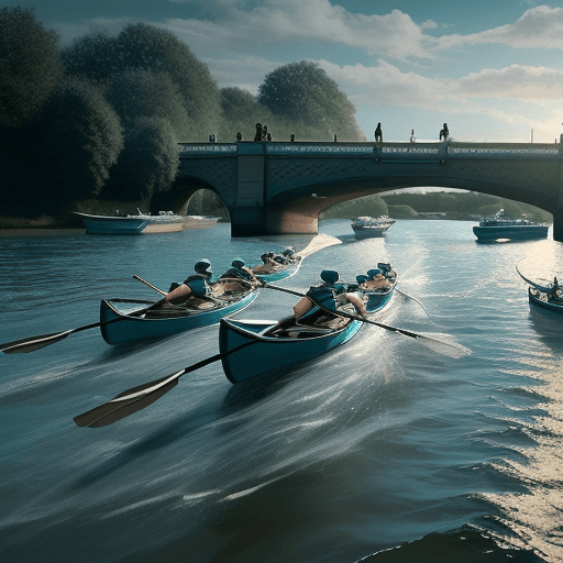 AI generated: Graphic showing one ultra realistic racing boat with four stick figure rowers wearing teal bucket ha...
