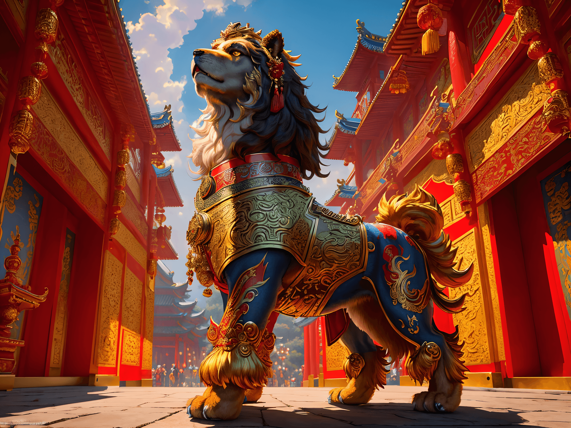 AI generated: (masterpiece, award winning, highest quality:1.2) , a majestic (foo dog:1.2), Asian mythology, (Chin...