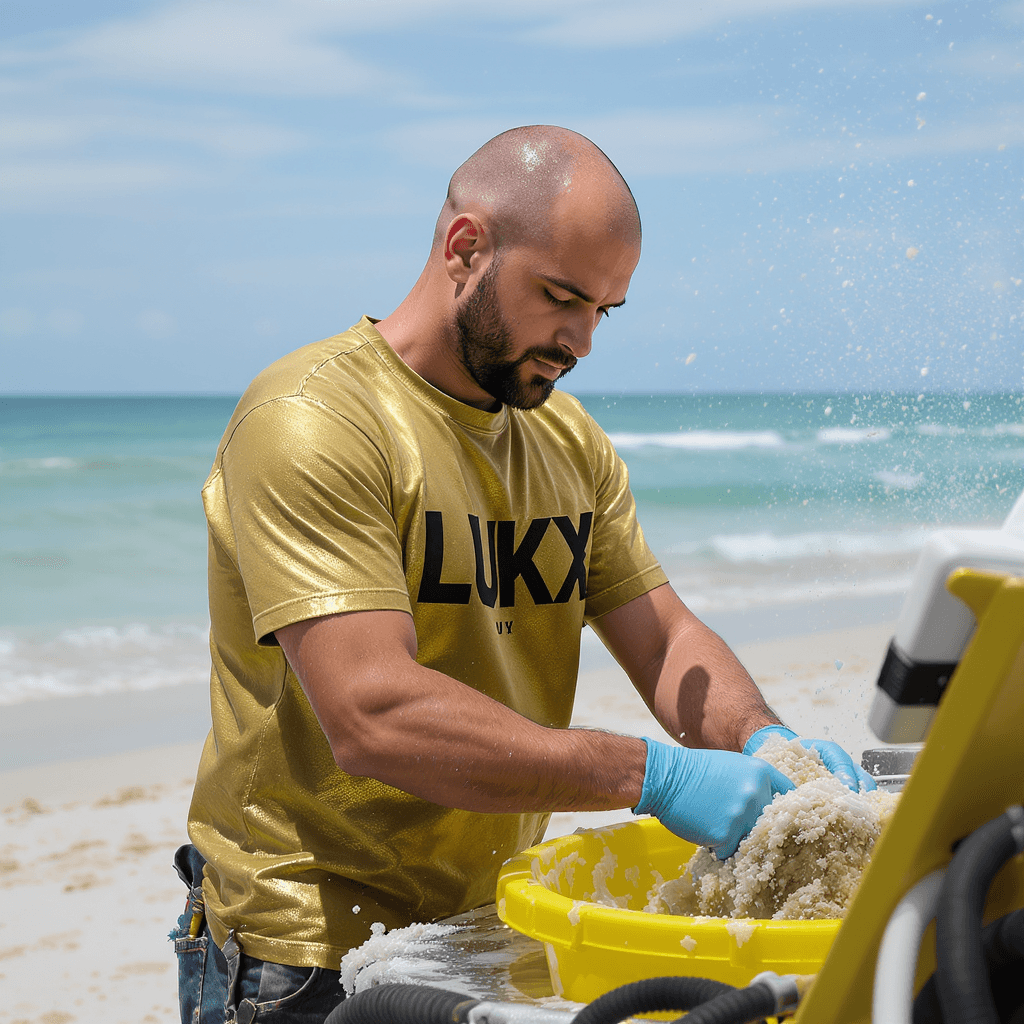 AI generated: 28 year old Serbian man, bald with short beard, in gold t-shirt, with Lukx Detailing in black letter...