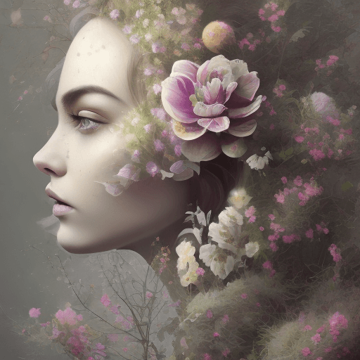 AI generated: A painting of a woman with flowers in her hair, by Petros Afshar, painting on grey scale face, disso...
