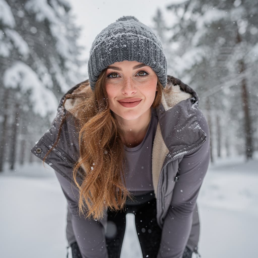 AI generated: A woman stands in the midst of a winter wonderland, her long wavy auburn hair framing her face as sh...