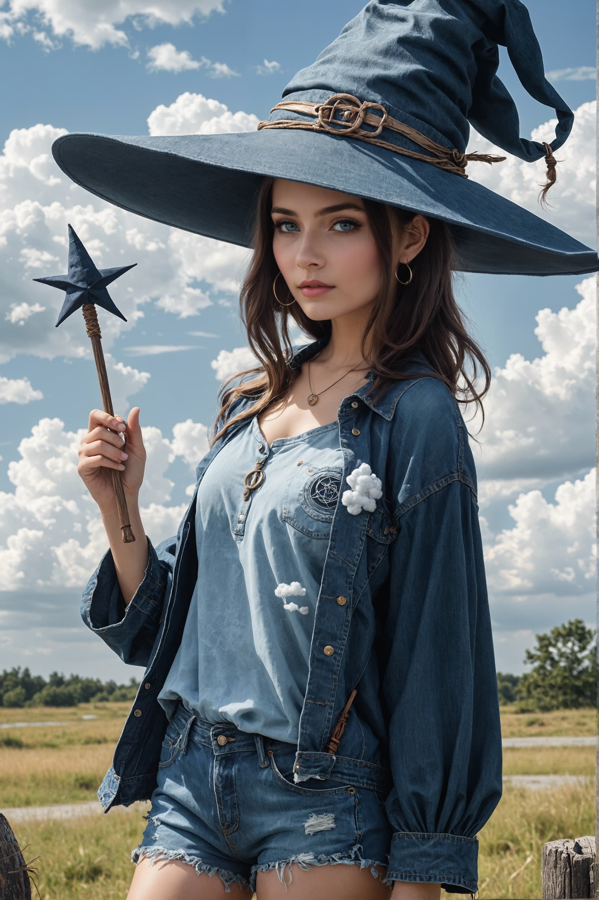 AI generated: Witch, color Denim blue, witch hat, witch outfit with jean shorts, wand with a cloud on top, best qu...