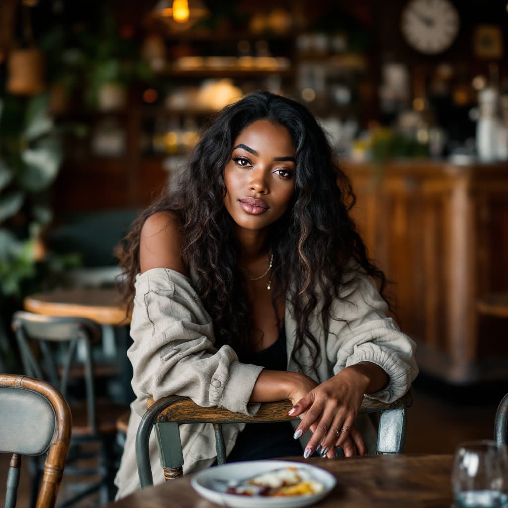 AI generated: a black woman with long hair leans on a chair, in the style of social media portraiture, earthcore, ...