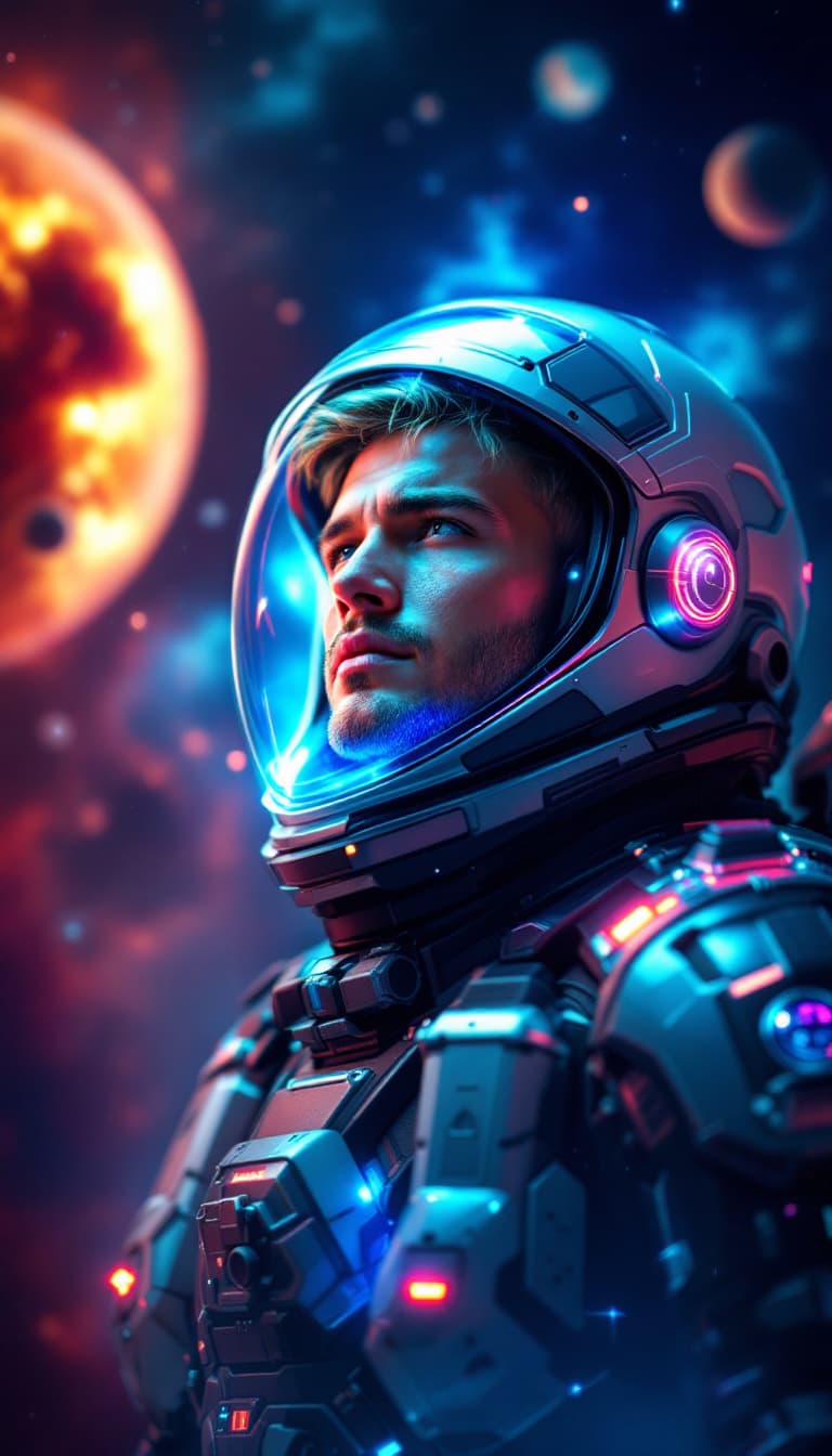 AI generated: Male space explorer (ethnicity:1.0, age:0.9), (detailed clothing:1.3), (detailed accessories:1.3), (...