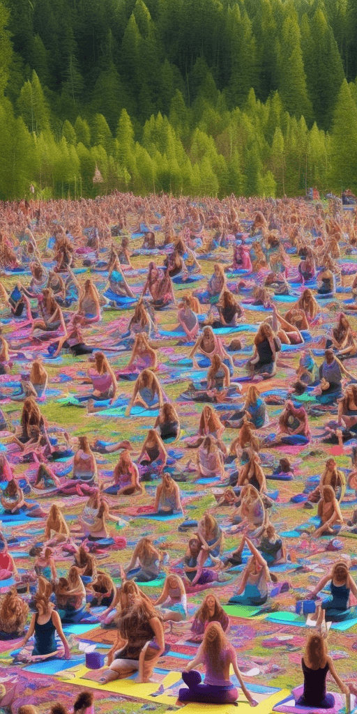 AI generated: Hippie psychedelic festival near lake. Yoga shamanism dansing music. Accurate bodies