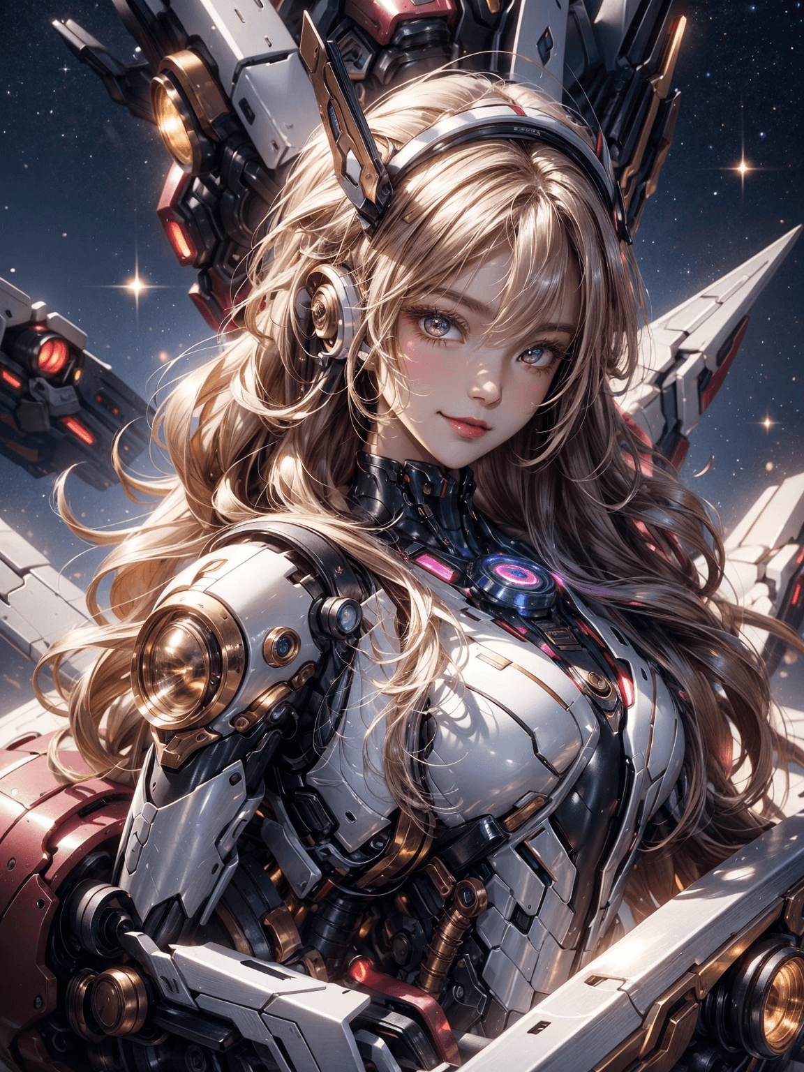 AI generated: (masterpiece), selfie, centered, Instagram able, steampunk astronaut 1girl, cute smile, red ribbon, ...