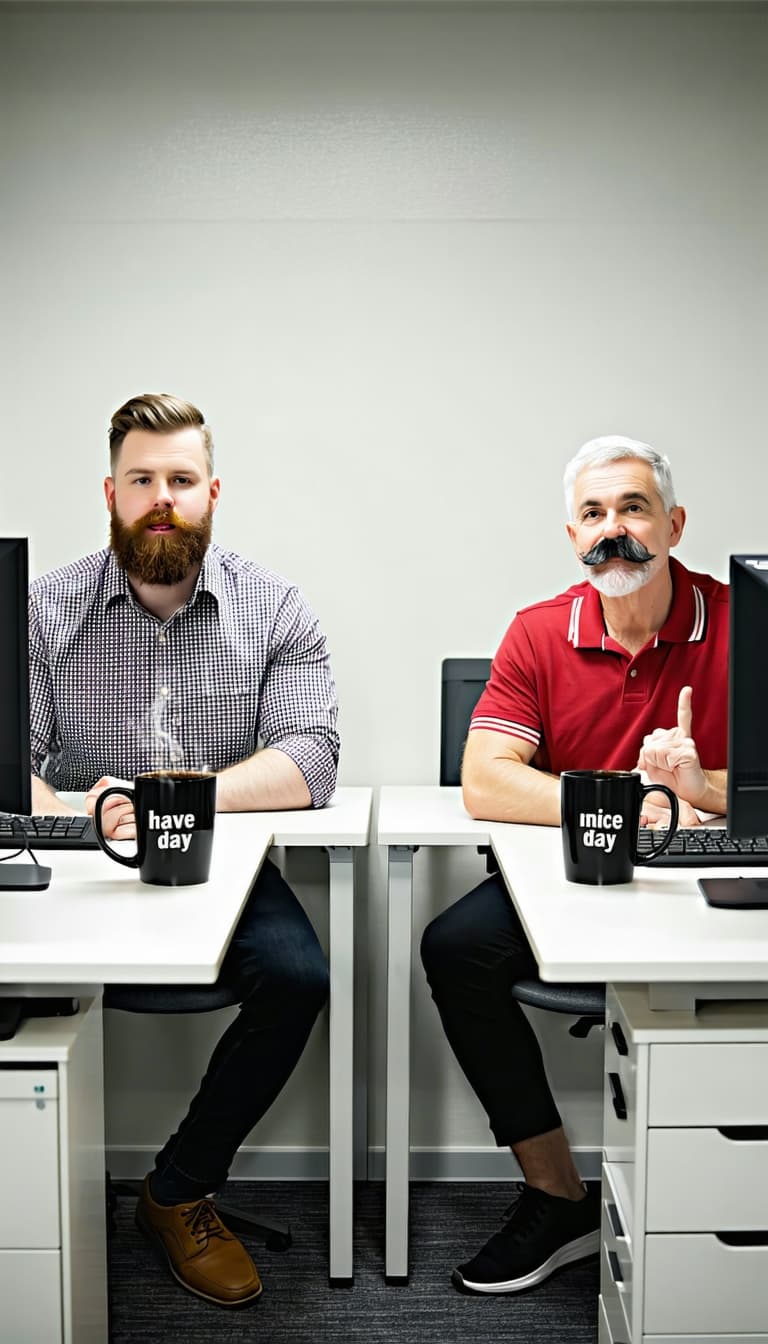 AI generated: Generate a realistic lifelike image of a small office, there are two corner desks opposite each othe...