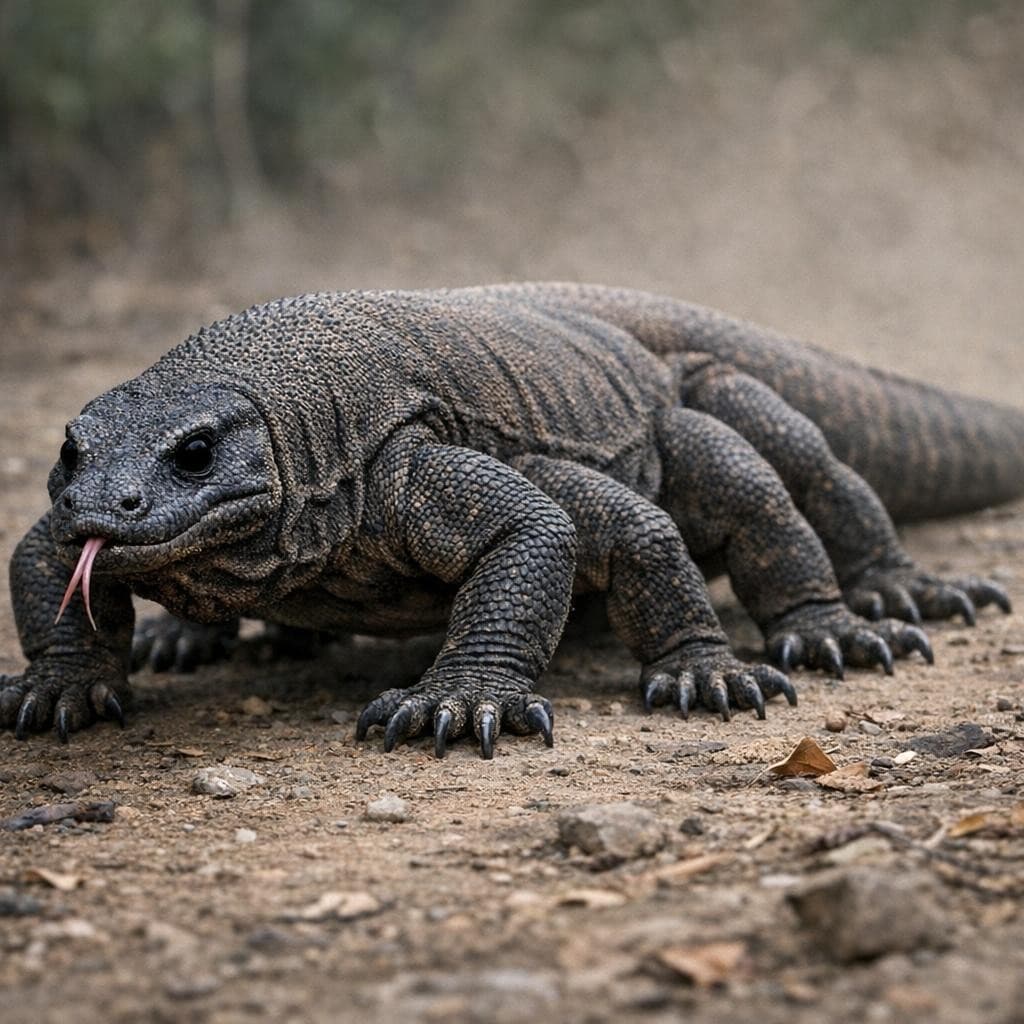 AI generated: create a new creature of a Komodo Dragon with six legs and a long tail and pitch black eyes