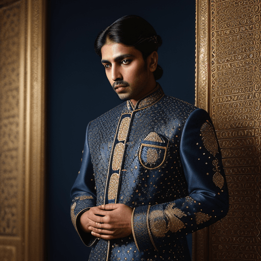 AI generated: mughal king wearing a men jacket .dark blue base ,embroided with pearls, stones and golden wires and...