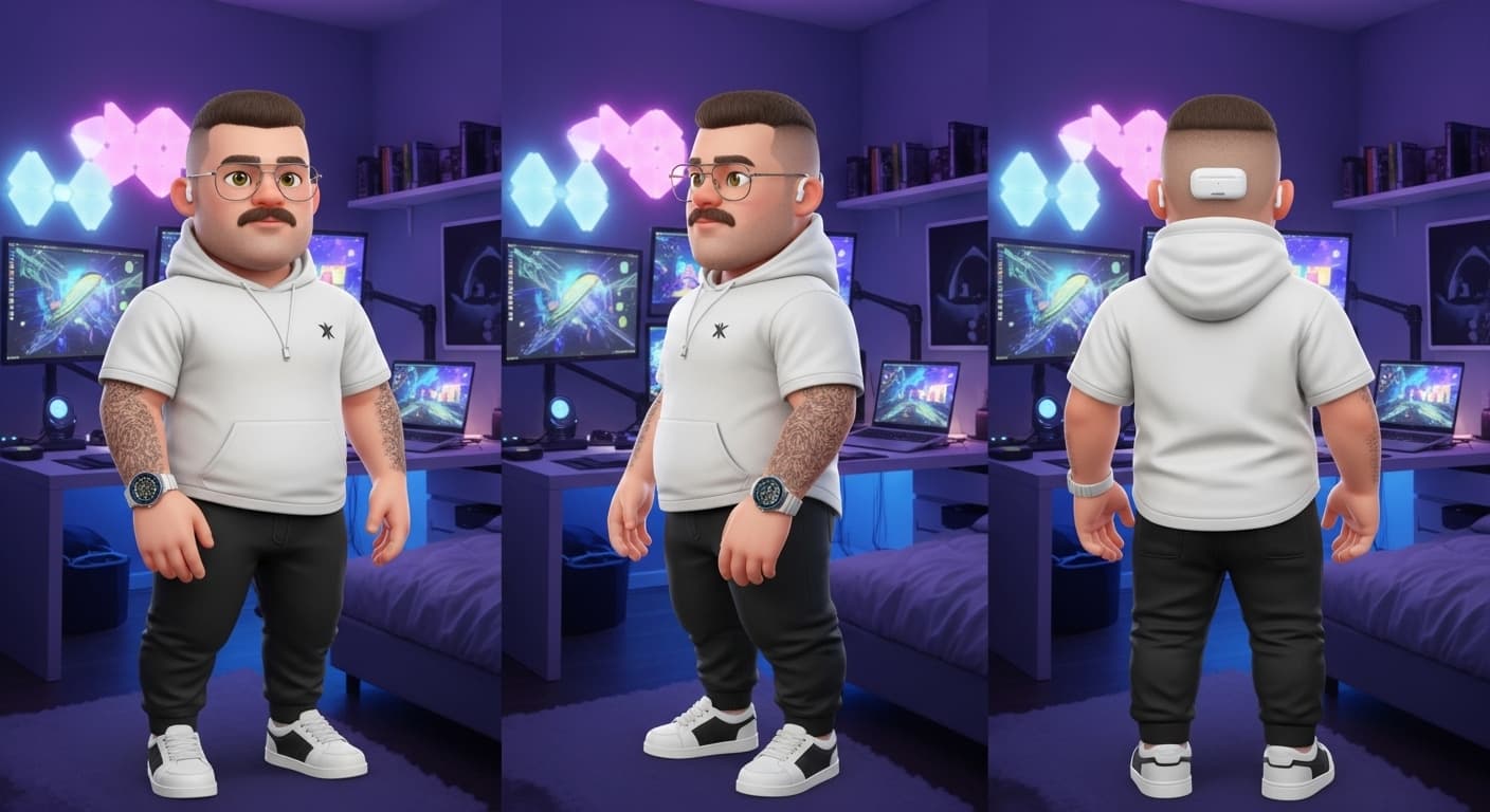 AI generated: Create a semi-realistic male avatar with light skin, a large build, bald head (Buzz Cut hair), a mus...