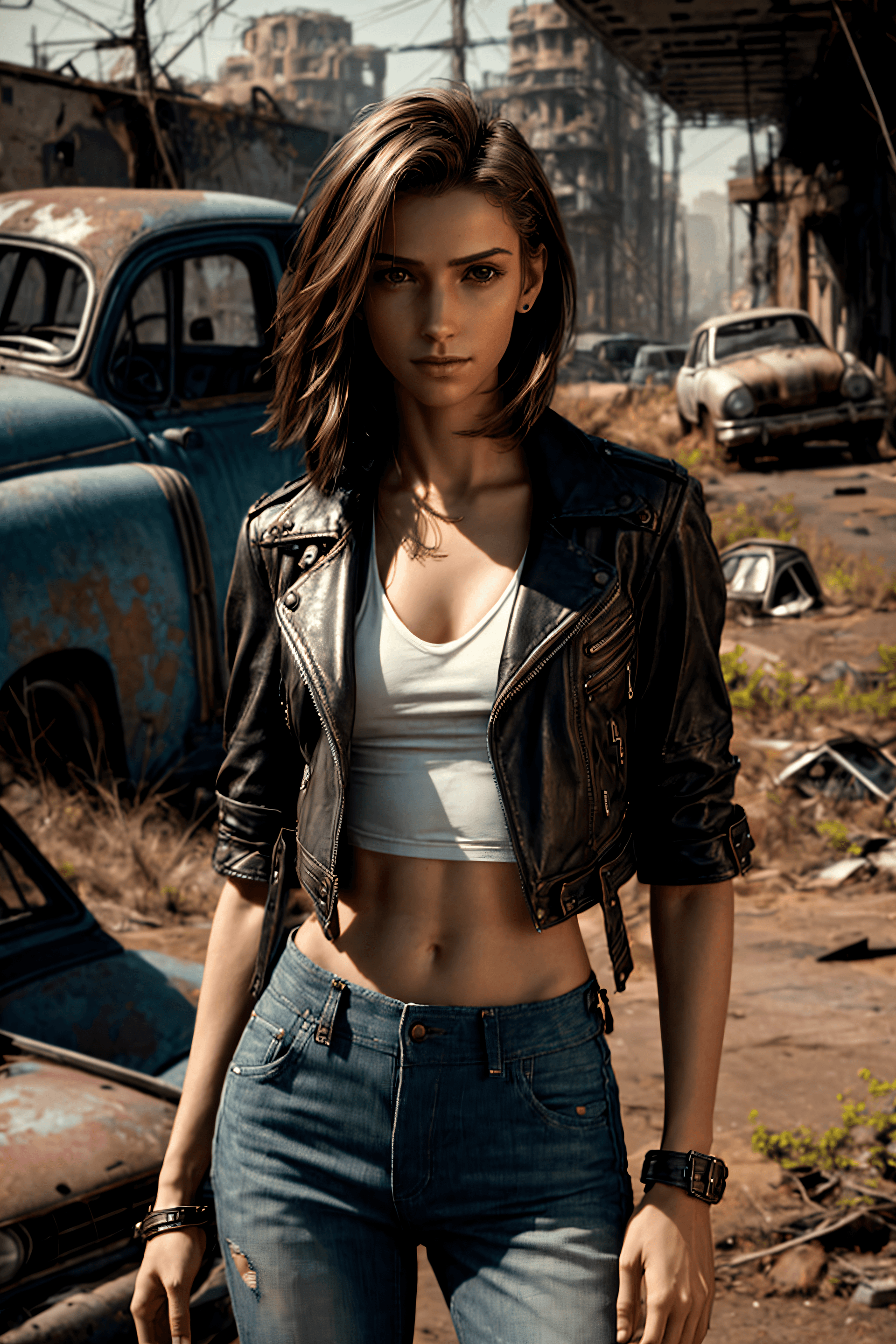 AI generated: A portrait image of a young, skinny woman with small breasts, dressed in a trendy jeans crop top and...