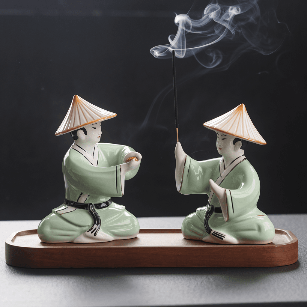 AI generated: "A pair of elegant ceramic incense holders designed in the form of stylized martial artists wearing ...