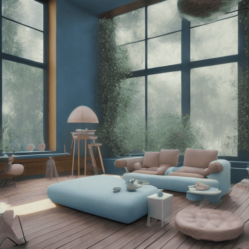 AI generated: High resolution photography interior design, dreamy sunken living room conversation pit, wooden floo...