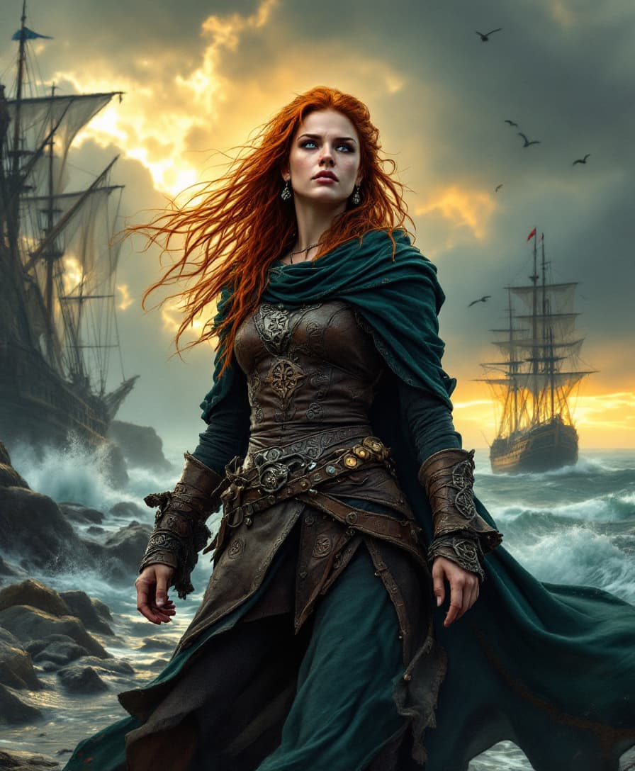 AI generated: Gráinne O'Malley, the legendary Irish pirate queen, stands defiantly at her rugged sea port, her sta...