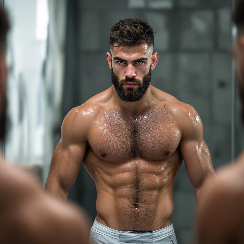 AI generated: Bosnian MMA fighter. 22 years old. Erko Jun. Green eyes. Caucasian. serious. Rising one eyebrow. In ...