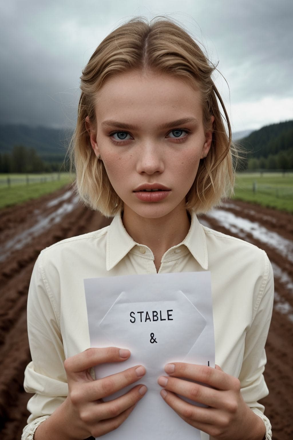 AI generated: (letters "STABLE":1.1) on paper,a girl holding a piece of paper with (large word "STABLE":1.1), surr...