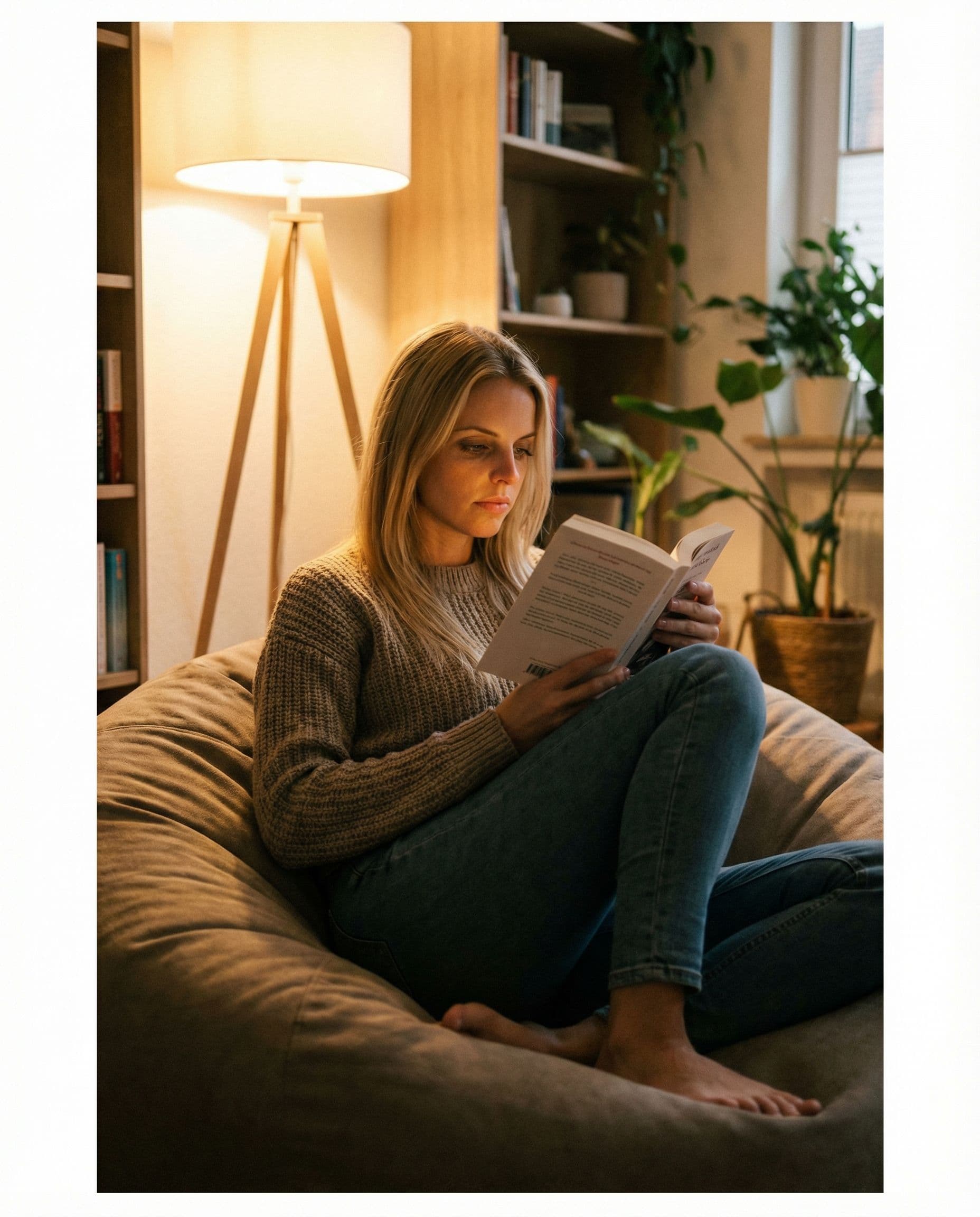 AI generated: Informal portrait, girlfriend in a comfortable living room setting, she's sitting on a beanbag chair...