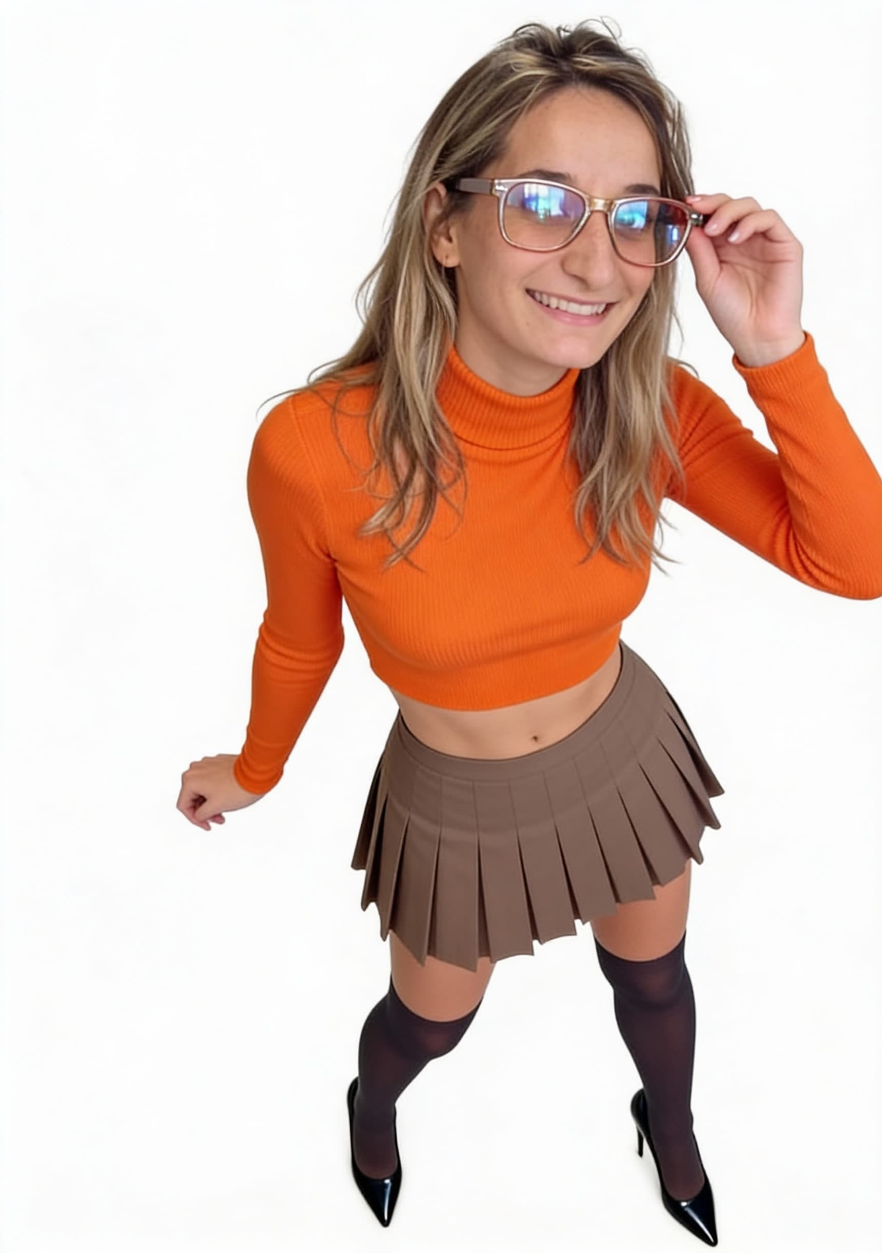 AI generated: Velma Dinkley reimagined as a confident, alluring icon: the classic orange turtleneck cropped to sho...