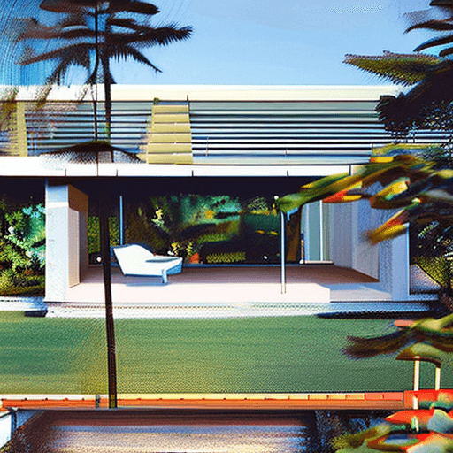 AI generated: Hyper realistic eye level exterior photo of a mid century modern style house overlooking the ocean, ...
