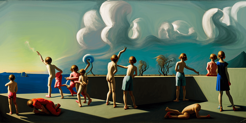 AI generated: neo rauch, edward hopper, david hockney, children playing on rooftop, people looking to horizon, epi...