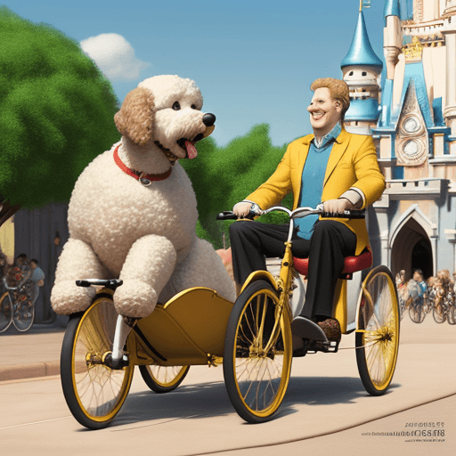 AI generated: Disney movie poster, a white man walking a golden doodle with a recumbent trike as people cheer, tit...