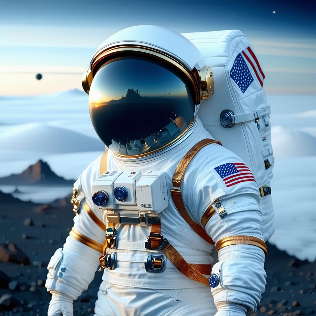 AI generated: An adventurous spacemen character wearing an advanced space exploration suit, in sky
