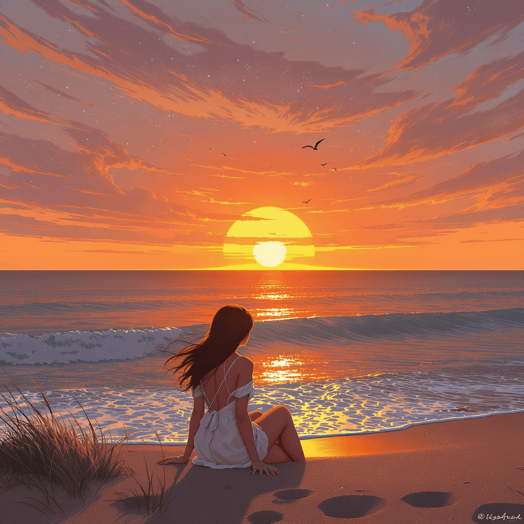 AI generated: dessin animée femme élégante , se tenant sur le bord d'une plage. En arrière-plan, un magnifique cou...